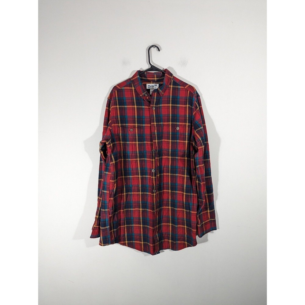 Duluth Trading Red Plaid Long Sleeve Cotton Flannel Slim‎ Shirt Men Size L Tall